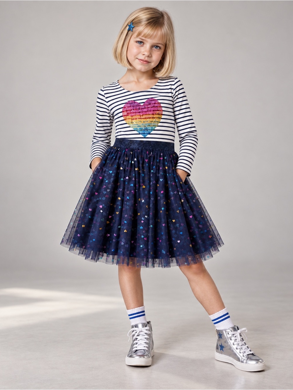 Zunie Girls Striped Flip Sequin Rainbow Heart Tulle Dress ~ size 8
